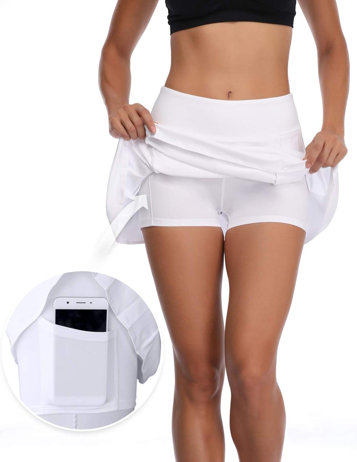32e-SANERYI Women's Pleated Elastic Quick-Drying Tennis Skirt with Shorts Running Skort-WXL White: Clothing