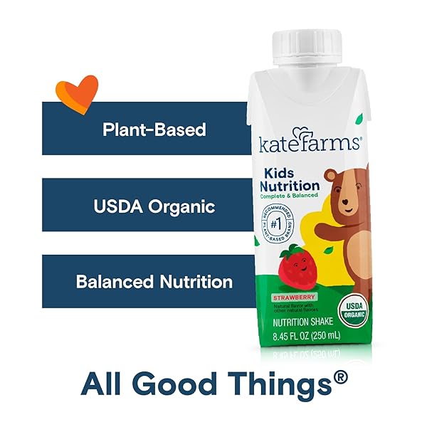 KATE FARMS ORGANIC KIDS NUTRITION STRAWBERRY SHAKE, 8G PROTEIN, 27 VITAMINS AND MINERALS, MEAL REPLACEMENT, GLUTEN FREE, NON-GMO, 8.45 OZ (6 PACK)
