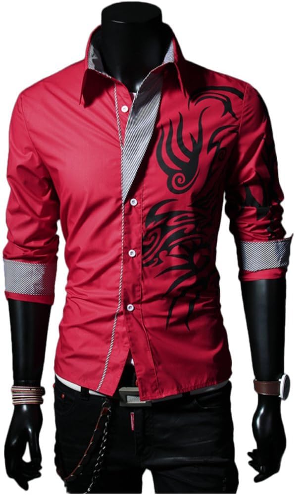 Angcoco Mens Long Sleeve Stylish Dragon Tattoo Design Slim Fit Casual Shirts