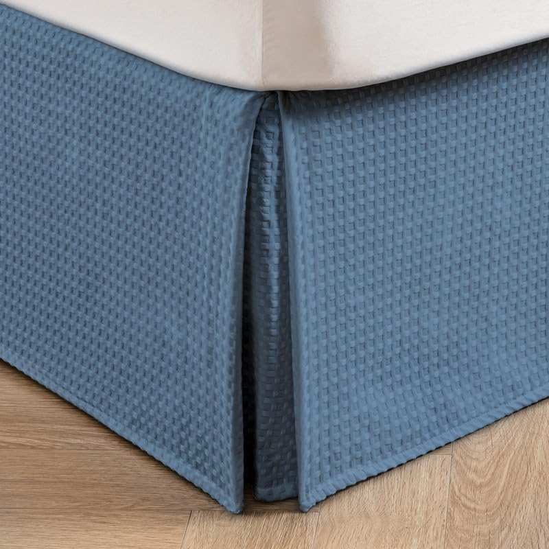 Photo 1 of MIYE Pleated Waffle Weave Bed Skirt, Tailored Dust Ruffle 12 Inch Drop Easy Fit, Machine Washable (Blue, King - 12" Drop)