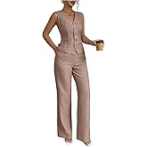 SOLY HUX Women's 2 Piece Outfits V Neck Button Down Vest Tops and High Waisted Pants Set Office Work Suit
