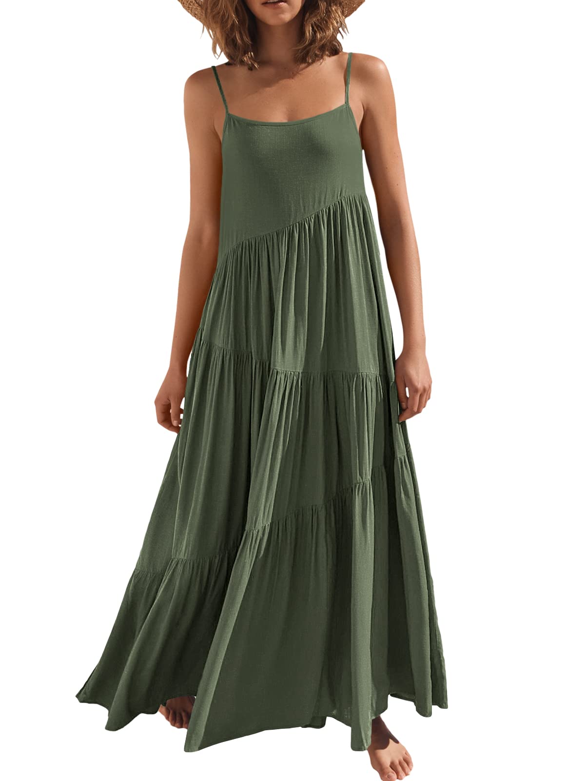 Photo 1 of ANRABESS Women Summer Casual Loose Sleeveless Sundress Spaghetti Strap Flowy Boho Linen Beach Vacation Maxi Long Dress Olive Green XXL-Large