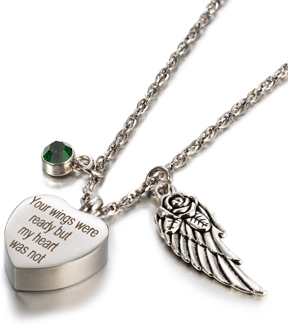 Glimkis Memorial Jewelry Necklace, Angel Wings Cremation Jewelry Birthstone Memorial Ash Keepsake Necklace