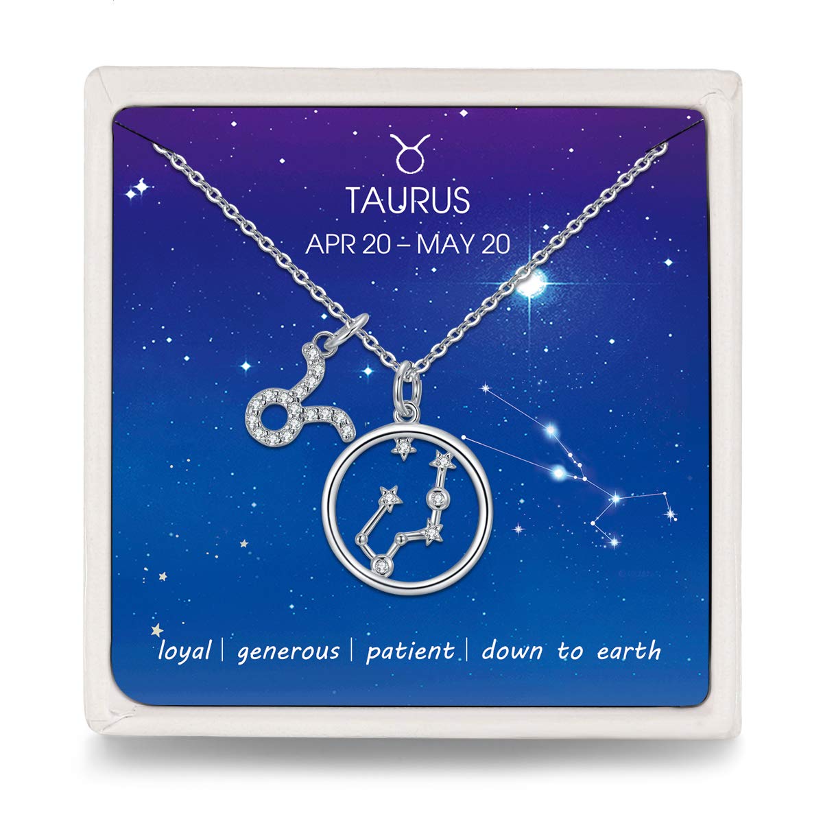 Qings Taurus Necklace for Women 925 Sterling Silver Zodiac Astrology Horoscope Double Pendants with Jewellery Box