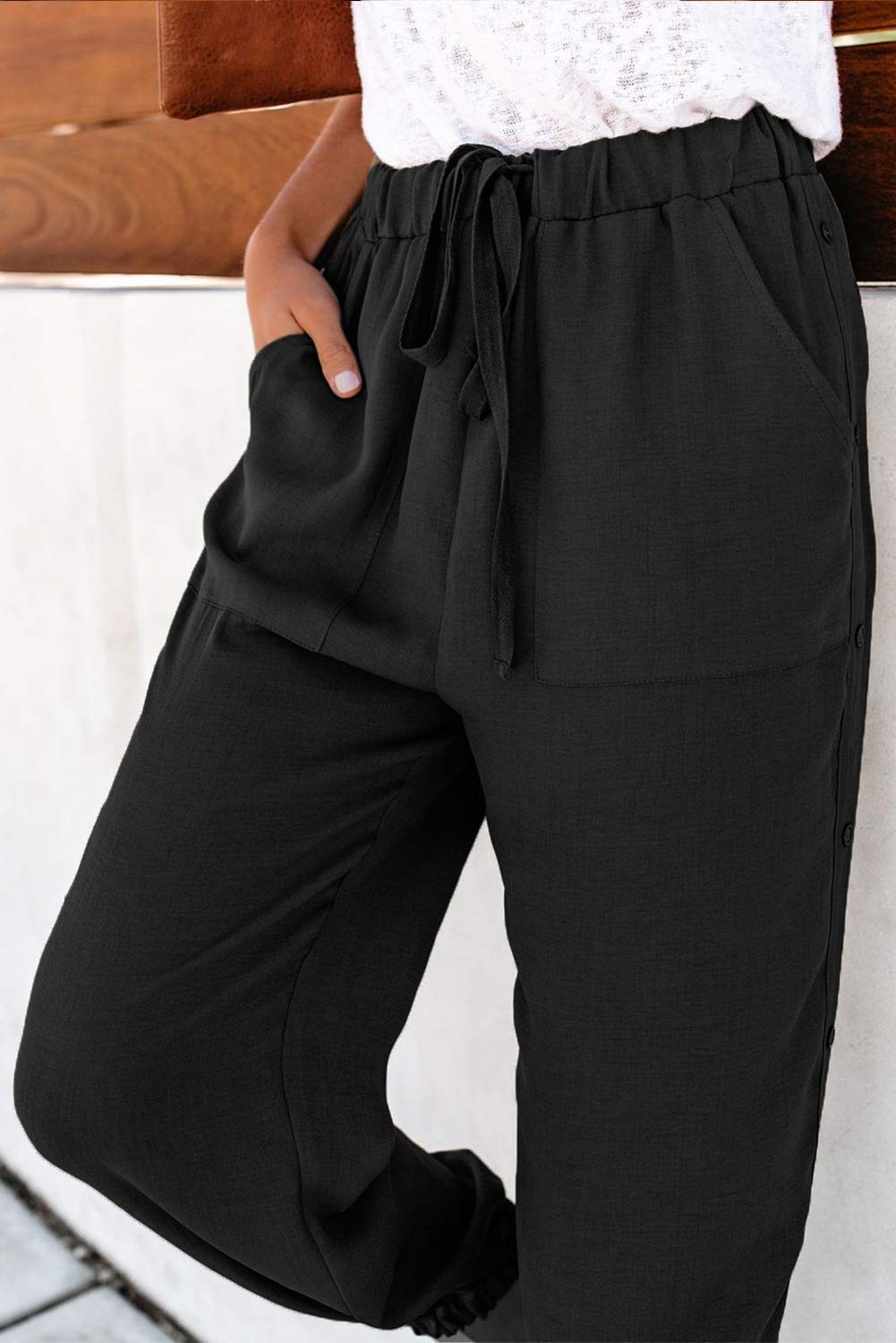 NEWFANGLE Women\'s Linen Casual Pants Drawstring Elastic Waist with Pockets Solid Comfy Loose Fit Trousers,Black,S