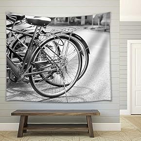 Vintage Bicycle on Urban Roadside. Black and White Effect - Fabric Wall Tapestry Home Decor - 51x60 inches