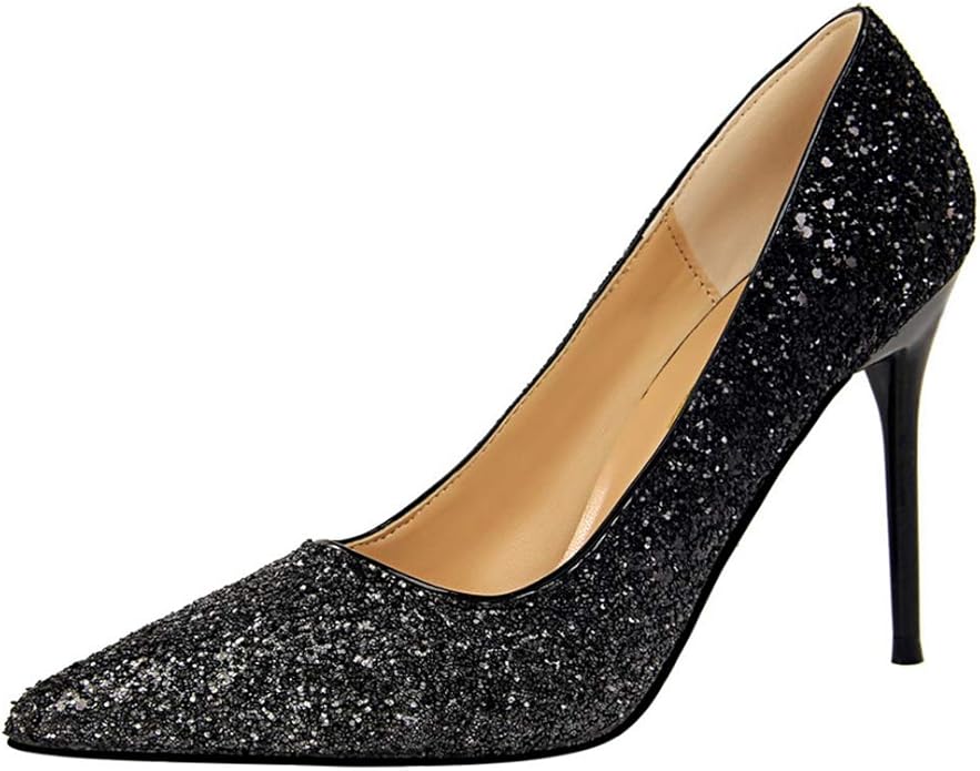 GCOCO Women's Sparkly Sequins Pointed Toe Stilettos Pumps