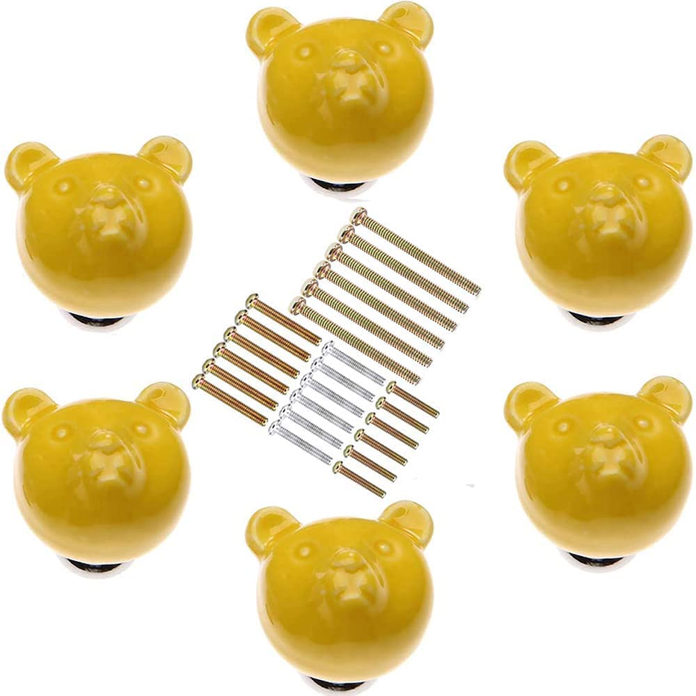 MayGreeny Cute Bear Ceramic Knobs 6Pcs Drawer Handles DIY Cabinet Pulls Dresser Closet Wardrobe Kids Cupboard Door Kitchen Furniture Decoration with Mounting Screws (Yellow)