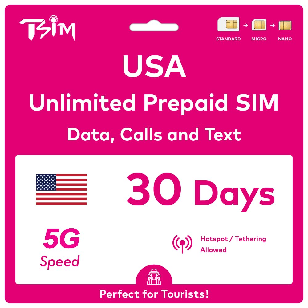 PrePaid USA SIM card. Unlimited incoming and outgoing calls/text | Ultra High Speed 5G Data allowance. Hotspot/Tethering/Internet Sharing allowed. (Unlimited x 1 Month)
