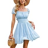 EXLURA Women's 2026 Summer Short Puff Sleeve Casual Short Mini Dresses Tie Back Square Neck A-Line Sundress
