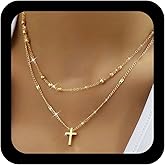 Andelaisi Boho Layered Cross Pendant Necklace Vintage Cross Choker Necklace Gold Crucifix Ball Chain Necklaces Adjustable Crucifix Religious Christian Necklaces Jewelry for Women