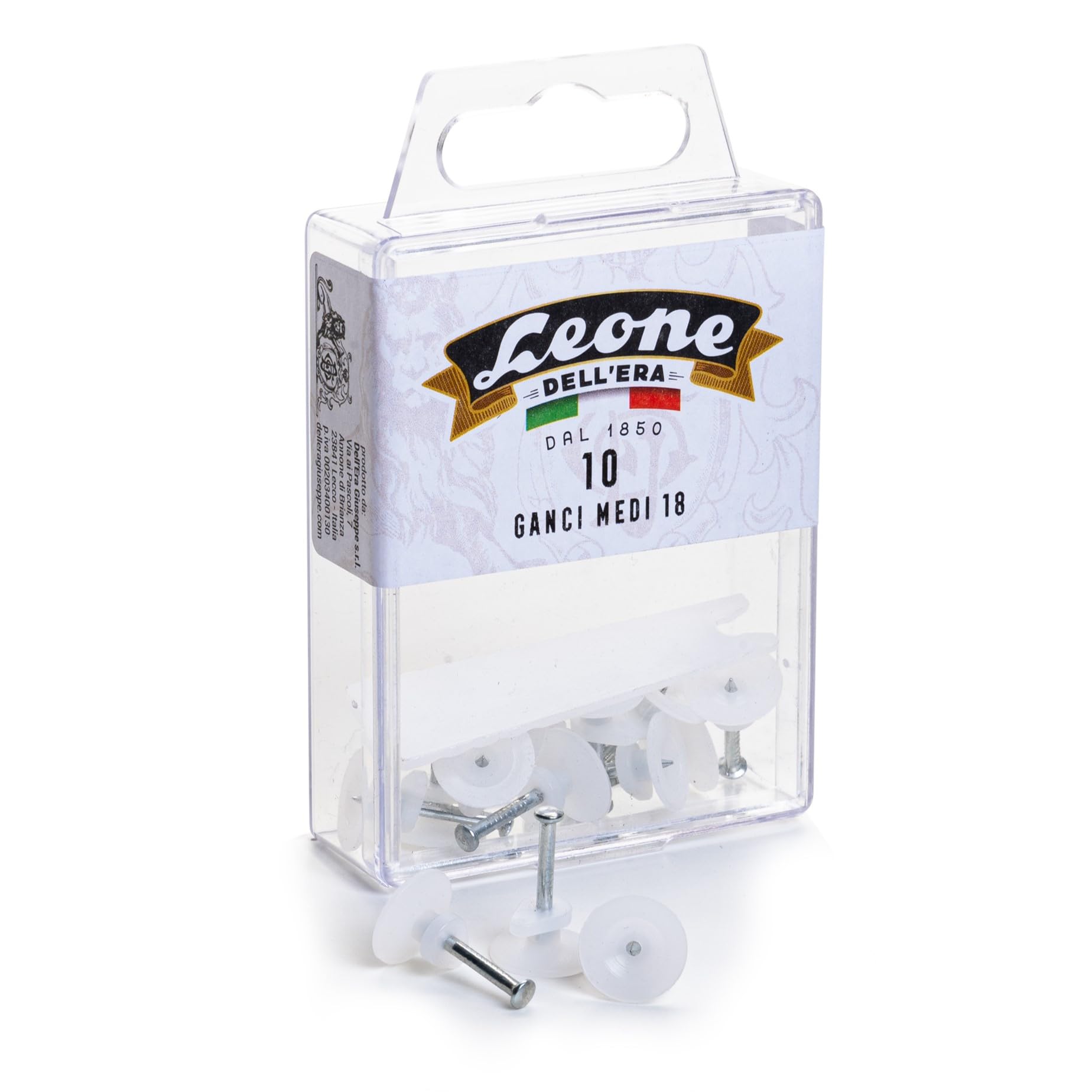 Leone Dell'Era 10 Medium Hooks for Hanging Pictures with Hardened Steel Nails - Hanging Box - Made in Italy - White