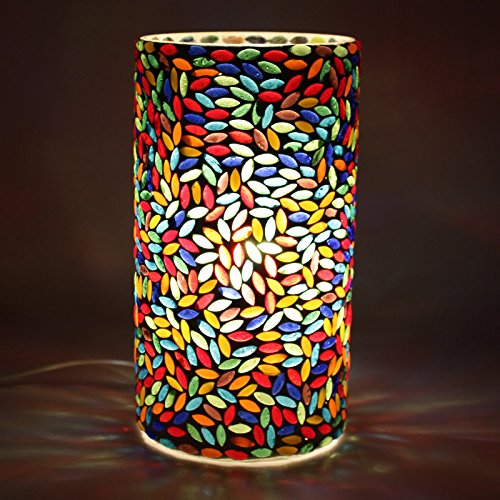 EarthenMetal Handcrafted Cylindrical Shaped Coloured Mosaic Design Decorated Glass Table Lamp