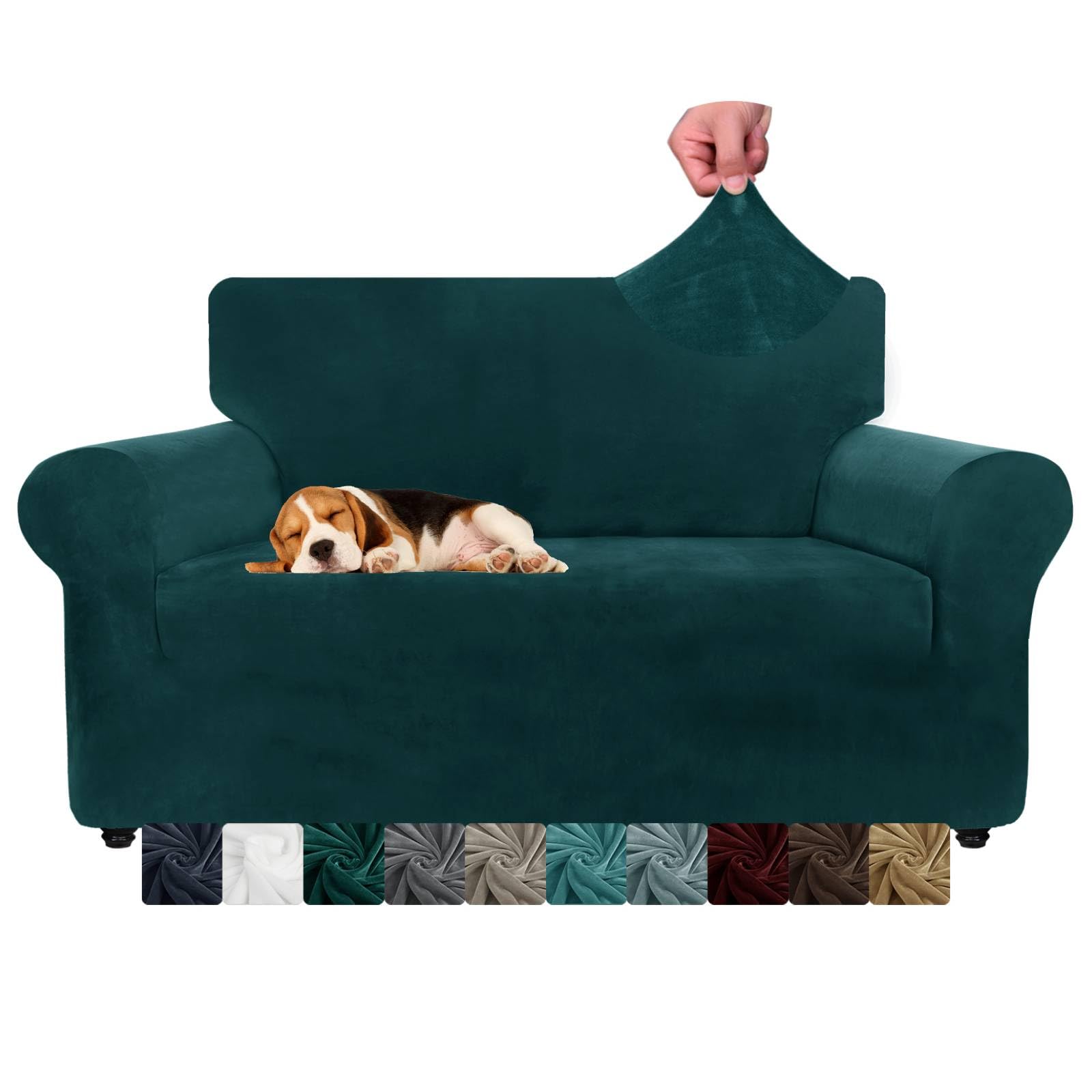 CHELZEN Velvet Couch Covers 2 Seater Thick Stretch Sofa Covers for Dogs Pets Non-Slip Love Seat Couch Slipcover Washable Furniture Protector for Living Room (2 Seater, Blackish Green) — image 1