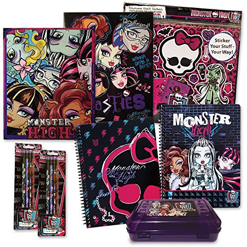 Monster High Pocket Folders, Spiral Notebooks, Wooden Pencils, Clawsome Giant Stickers, & Matching Purple Pencil Box (14 Piece Back to School Set)