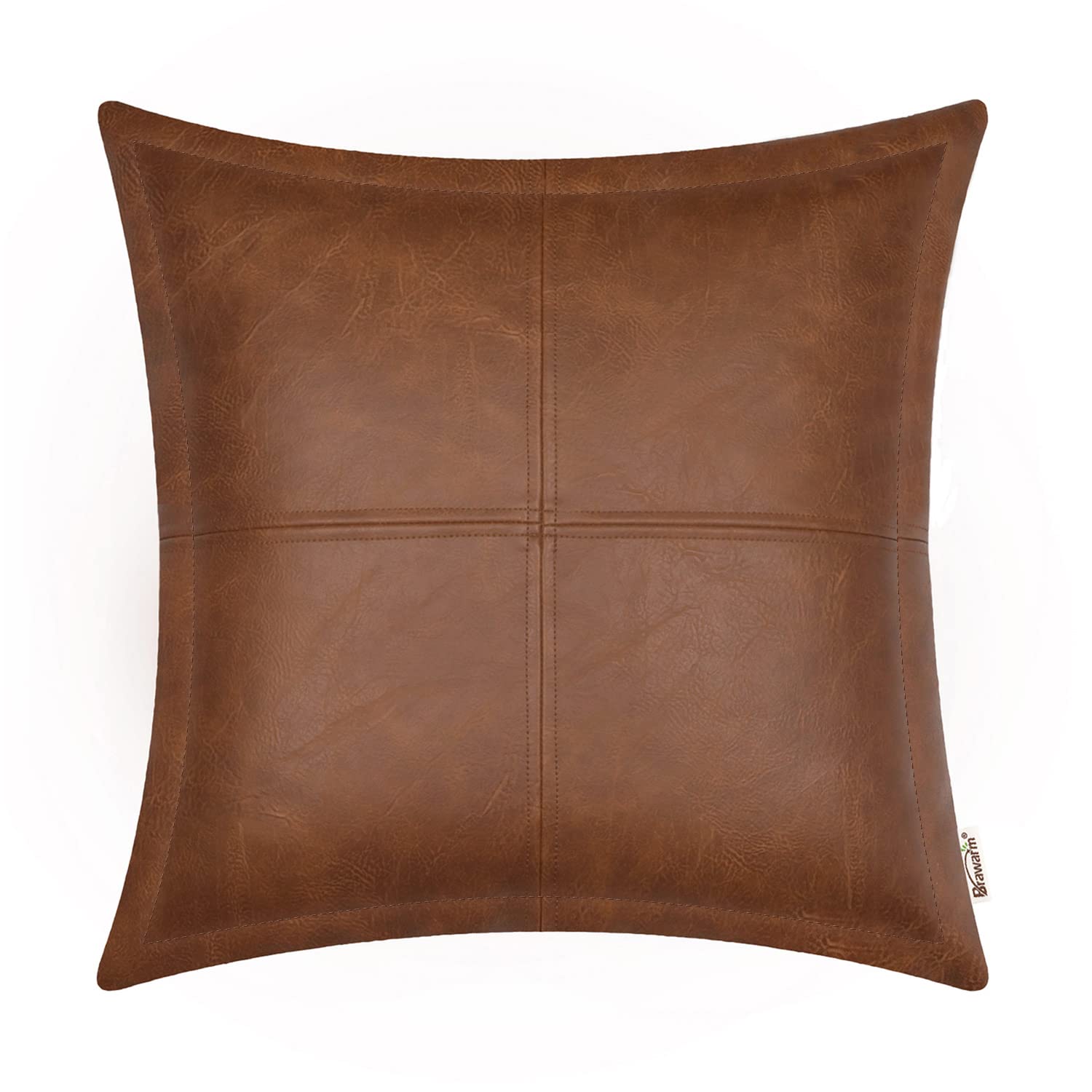 Photo 1 of BRAWARM Brown Leather Throw Pillow 22 X 22 Inches - Faux Leather Pillow Cover with Piping, Hand Stitched Leather Decorative Throw Pillow Covers for Couch Sofa Bed Living Room Garden