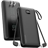 penaover Portable Charger with Built-in Cables&AC Wall Plug,5 Output 2 Input 20000mAh Power Bank,22.5W Fast Charging Battery Pack with LED Display,Compatible with iPhones,Android, Samsung etc,Black