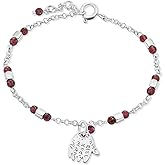 925 Sterling Silver Garnet Bracelet for Women - 3mm Round Beads with Hamsa Silver Charm - Adjustable 16-18cm Chain - Womens bracelets - January Birthstone - Ideal Anniversary and Valentines Gifts