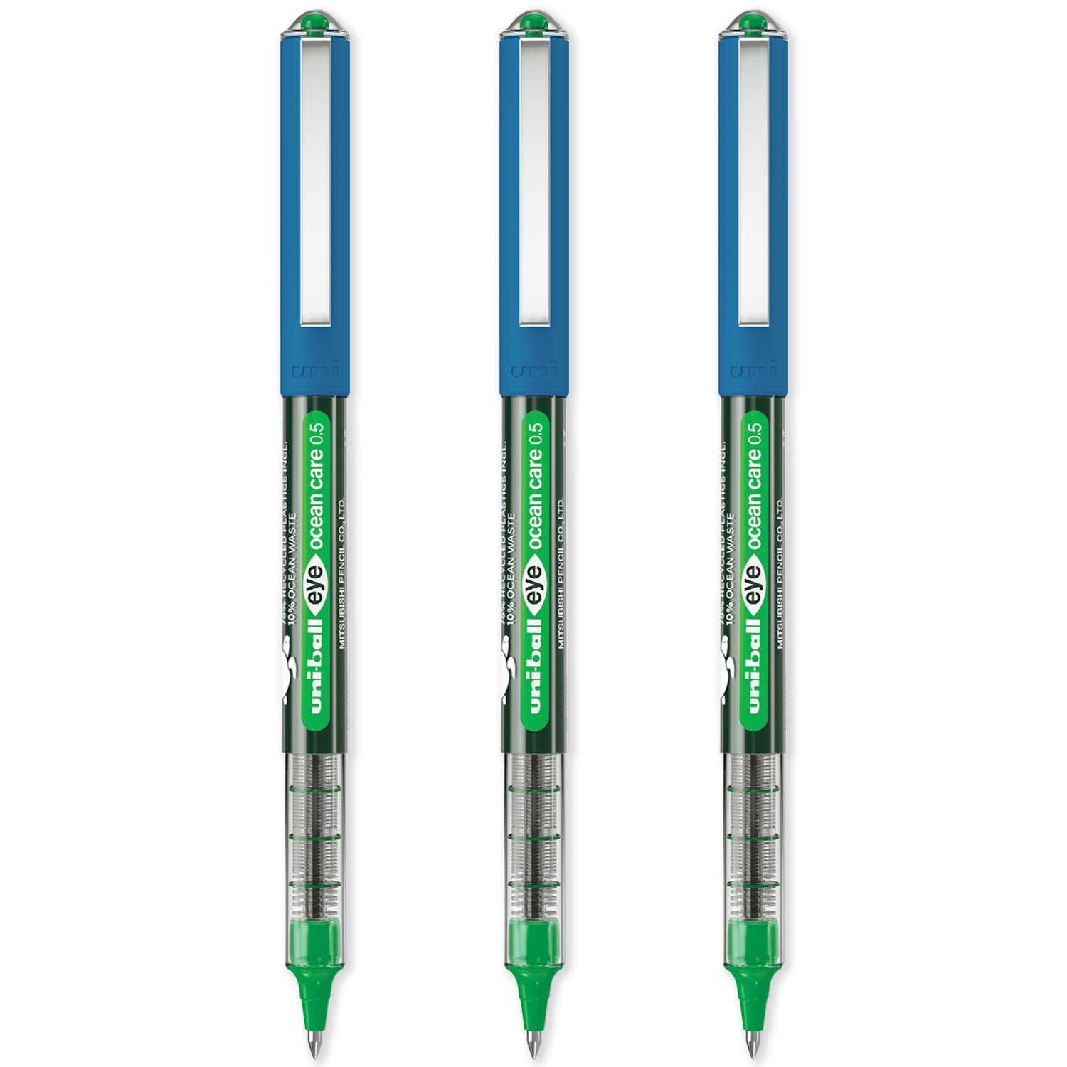 uni-ball Eye Ocean Care UB-150ROP Rollerball Pens - Micro 0.5mm Ballpoint Tip for Super Smooth Writing, Drawing, Art, Crafts and Colouring - Fade and Water Resistant - Pack of 3 Green Ink
