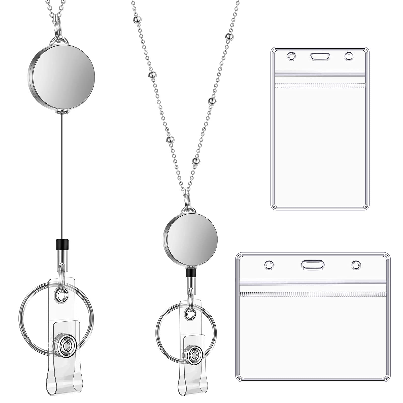 Outus ID Card Holder and Retractable Reel Set Retractable Lanyard Key Chain 2 Pieces Clear Waterproof Plastic ID Badge Holder and Stainless Steel Lanyard Necklace for Keys Holder Card Badge (Silver)
