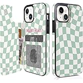 Obbii Compatible with iPhone 14/13 6.1" Wallet Case with Card Holder Folio Flip PU Leather Kickstand Card Slots Case Double Magnetic Clasp and RFID Blocking Cover 6.1 Inch (Green Checkerboard)