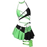 MEOWCOS Gothic Black Green Spliced Halter Bra and Bottom Bathing Suit with Long Sleeve Top Skirt and Choker