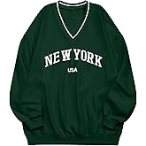 Remidoo Womens New York Embroidered V Neck Sweatshirt Oversized Long Sleeve Pullover Top White Green Large