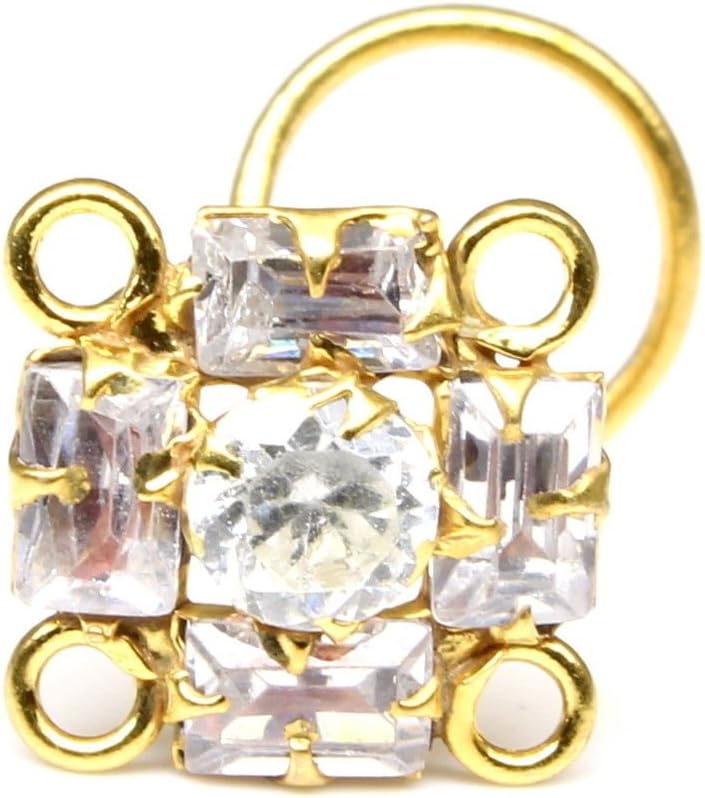 Karizma Jewels Traditional Indian Square Nose Stud, Corkscrew Nose Piercing Ring, Gold Plated White Stone Nose Stud