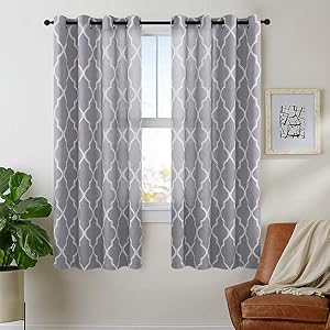 jinchan Grey Moroccan Tile Curtains Print for Bedroom Curtain Quatrefoil Flax Linen Blend Textured Geometry Lattice Grommet Window Treatment Set for Living Room 50" W x 63" L 2 Panels