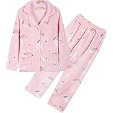 Umeyda Girls Fleece Pajamas Long Sleeve Flannel Button Down Sleepwear Kids Soft Fuzzy 2 Pieces Pjs Loungewear Sets