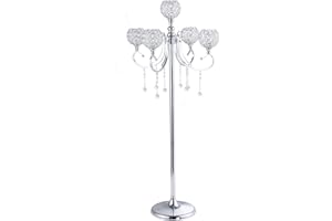 LANLONG Tall 5 Arm Silver Candelabra Floor Centerpiece, 45.3in Classic Elegant Design Candle Holder with Crystal Drops, Retro Candelabras Floor Centerpiece for Wedding Party Corridor Decoration