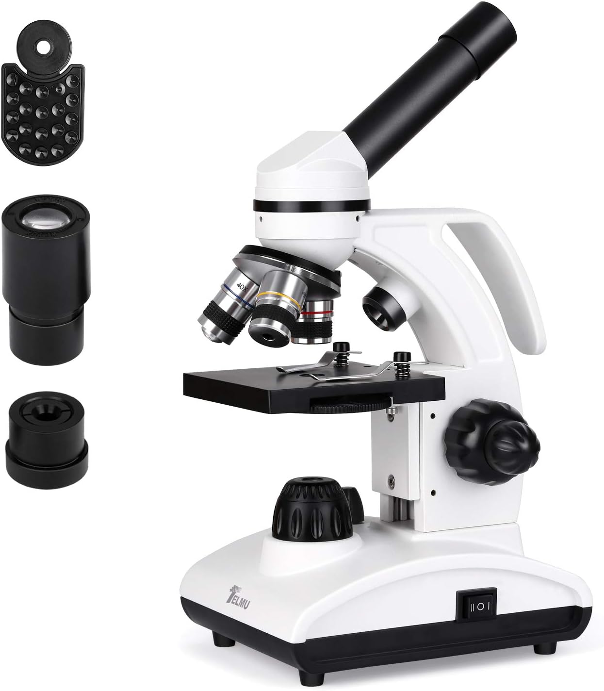 TELMU Microscope 40X-1000X Compound Monocular Microscopes with Handle, Microscope for School&Lab, Kids and Students, with Eyepiece(WF10X/25X) and 10 Sliders (Phone Adapter Included)