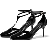 Coutgo Women's Stiletto High Heels T-Strap Round Toe Ankle Buckle Strap Pumps Wedding Dress Shoes