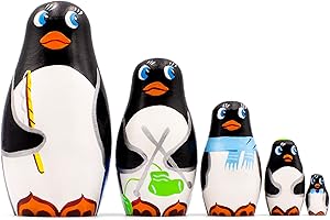 AEVVV Penguin Nesting Dolls Set of 5 pcs - Matryoshka with Penguin Figurines - Penguins Russian Dolls - Penguin Gifts