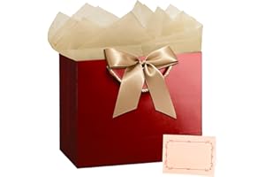 PrintGuru 13” Large Red Gift Bag with Handles, Birthday Gift Bag with Tissue Paper and Greeting Card, Birthday Bag for Women,