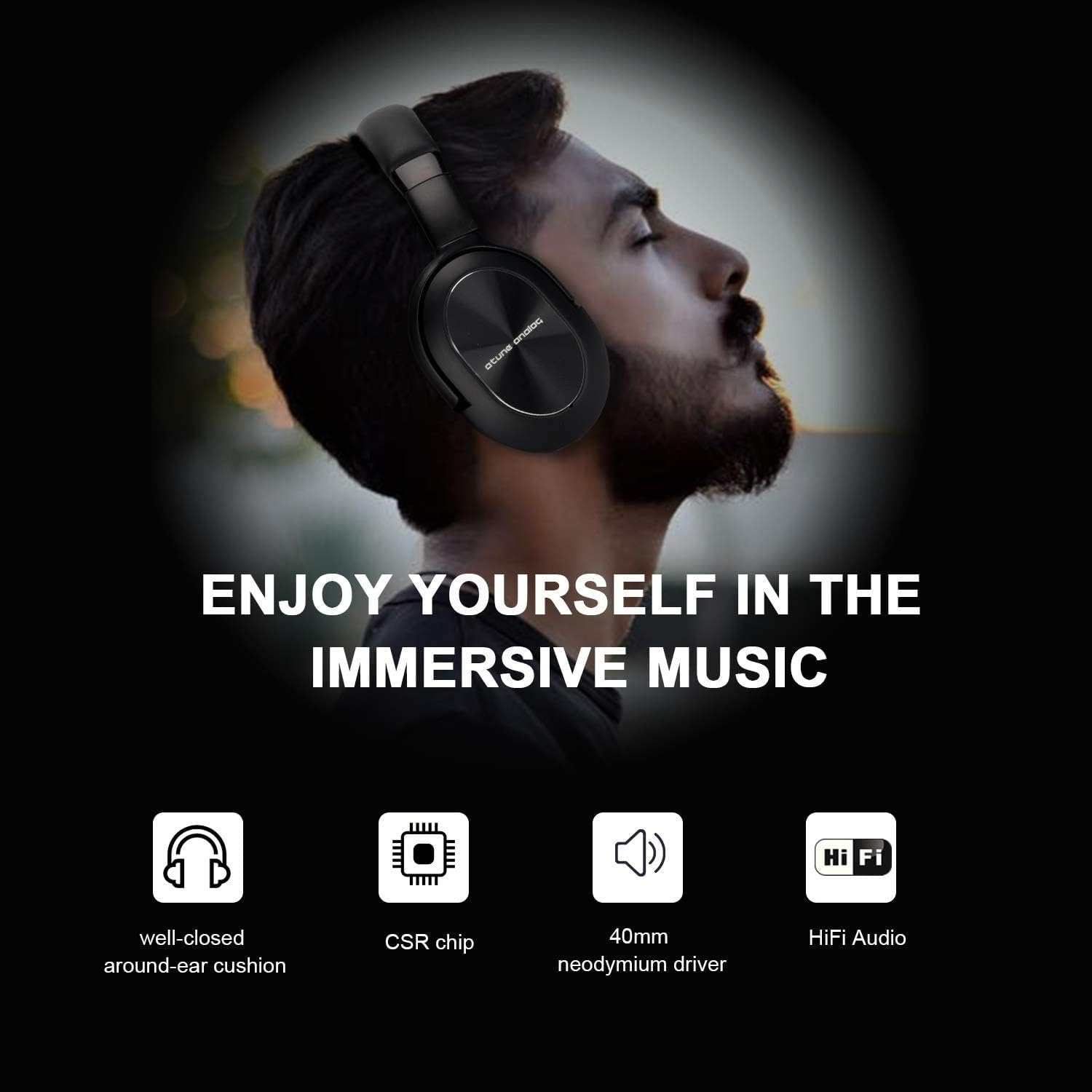 Atune Analog Bluetooth Headphones Wireless Active Noise CancellingHeadphones With Microphone Over-Ear Lightweight Foldable 20H Playtime Comfortable Protein Earpads micro-USB Charge PortTelescopic Arms