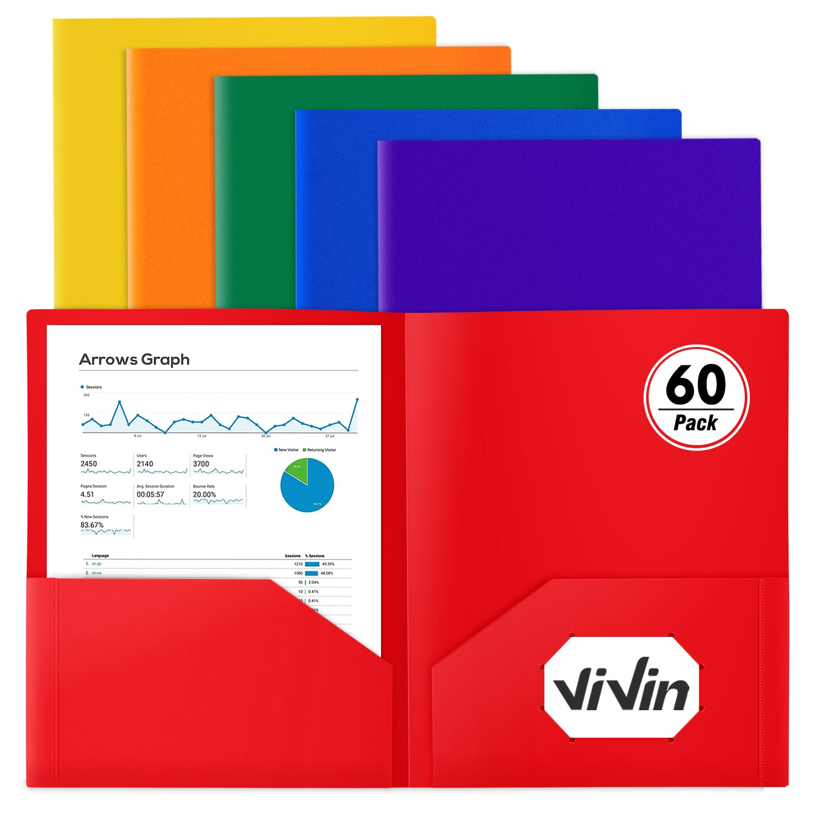Photo 1 of ViVin 60-Pack Plastic Folders with Pockets, Fits 8.5 x 11 Inch Letter Size Papers, Sturdy 2 Pocket Folders, Plastic Pocket Folders for Home School and Office(Assorted Color)