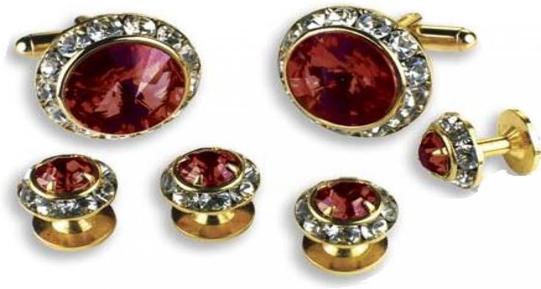David's Formal WearRuby Stone Center Austrian Crystal Tuxedo Studs and Cufflinks Gold Trim