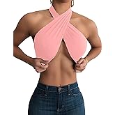 Mokoru Women's Sexy Sleeveless Halter Criss Cross Tank Crop Tops Self Tie Backless Cami