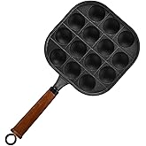TIKUSAN Takoyaki Pan Cast Iron Takoyaki Maker Skillet Griddle Japanese Octopus Meat Ball Mold Maker Wooden Handle 14 Molds