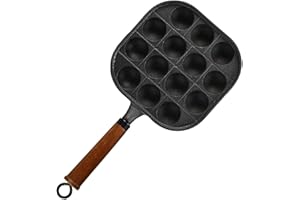 TIKUSAN Takoyaki Pan Cast Iron Takoyaki Maker Skillet Griddle Japanese Octopus Meat Ball Mold Maker Wooden Handle 14 Molds