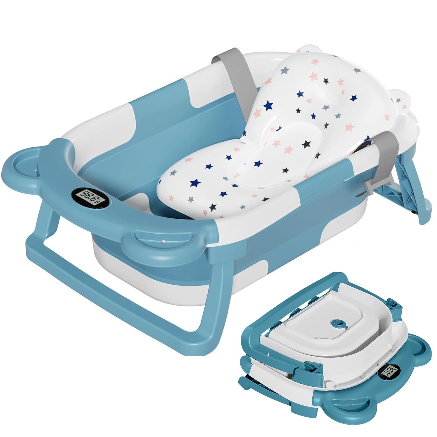Photo 1 of TPN Collapsible Baby Bathtub for Infants to Toddler with Real-time Temp Monitor+Floating Cushion,Foldable Baby Bath Tub Set Applicable 0-36 Month,Perfect Portable Travel Baby Tub for Newborns Boy
