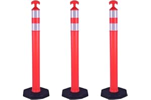 OranclUS Reflective Rubber Base Traffic Delineator Post - Heavy-Duty Safety Bollards for Parking Lot Markers, Road Construction, Driveway Warning - with Reflective Strips (3 Pack - 42 Inch)