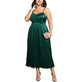 SCOMCHIC Women's Plus Size Dress Pleated V Neck Sleeveless Spaghetti Strap A Line Cocktail Party Cami Long Maxi Dress