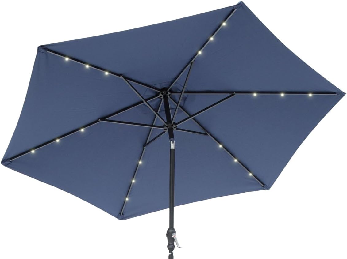 Amazon Com Sun Ray 811032 9 Round 6 Rib Solar Patio Umbrella 18 Led Lights Crank And Tilt Steel Frame Navy Blue Garden Outdoor