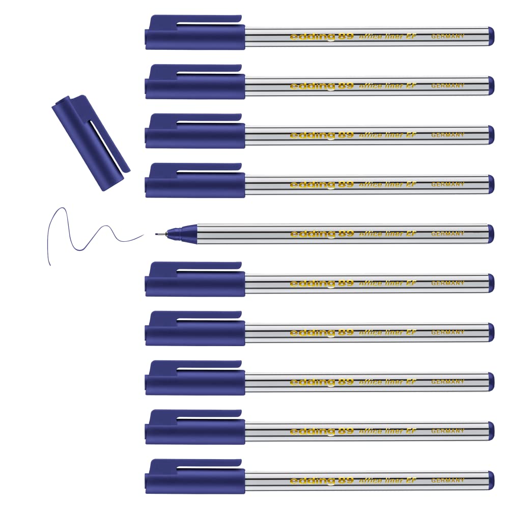 edding 89 - fineliner - blue - 10 pens - extra fine round tip 0.3 mm - thin fibre pen for fine, precise writing, underlining, drawing - in the office or at home and at school