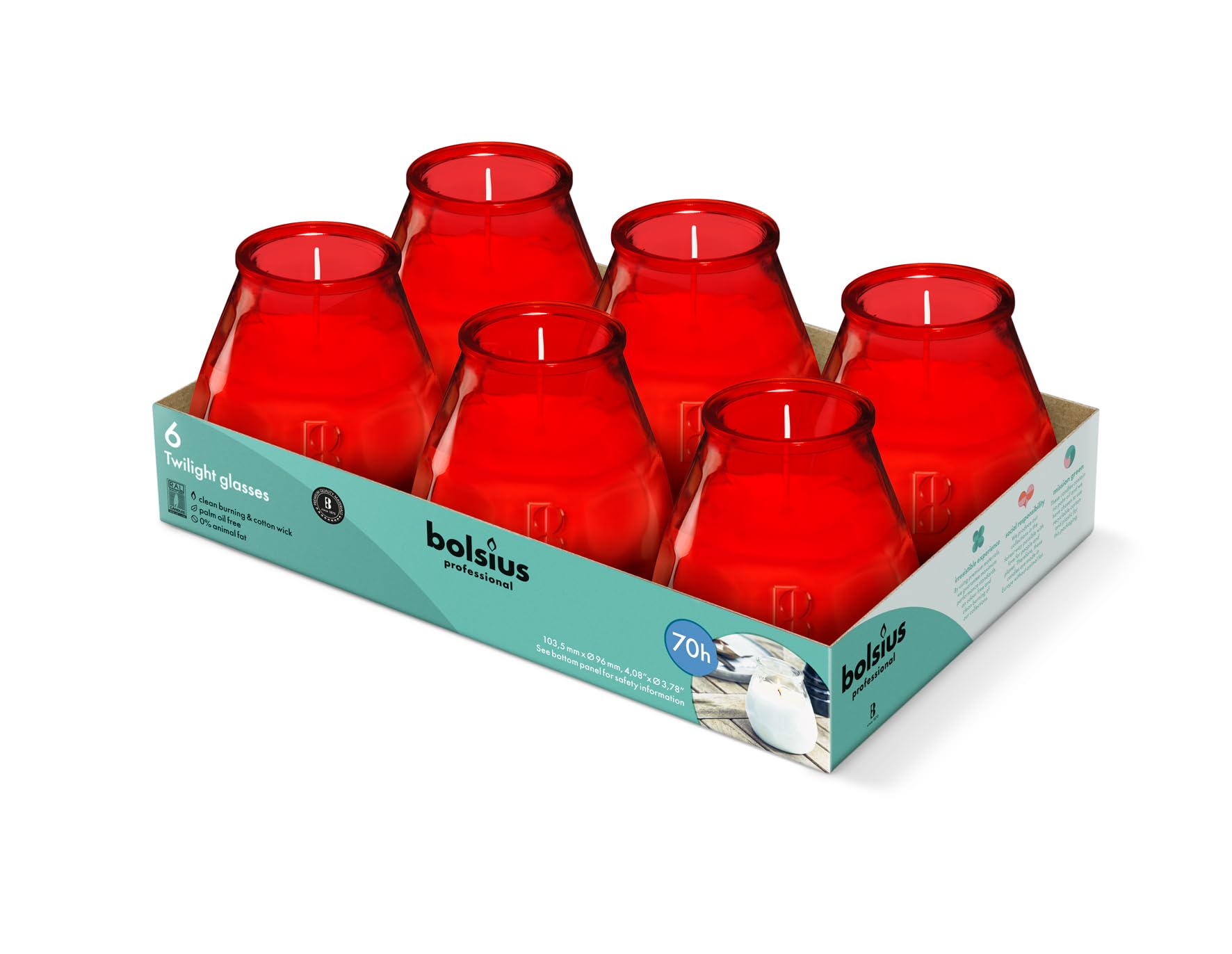Bolsius – Outdoor Candles - 6 Pieces - in Glass - Red - Burning Time 70 Hours - No Palm Oil - Clean Burning - Cotton Wick - Non Scented