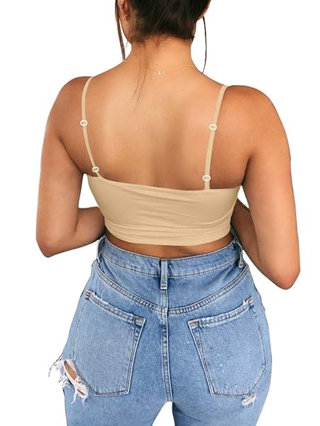 BEAGIMEG WOMEN’S SEXY BASIC SLIM FIT SPAGHETTI STRAP CUT OUT CROP TOPS KHAKI
