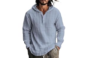 PETCDIM Mens Long Sleeve Linen Hippie Shirts with Hood V Neck Button Up Hooded Sweatshirts Casual Hawaiian Beach Yoga Shirts