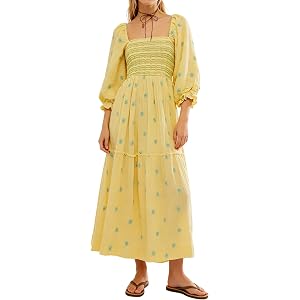 R.Vivimos Women's Cotton Floral Embroidered Boho Midi Dress with Pockets | Long Sleeve, Vintage Square Neck, Tiered Ruffle Fl